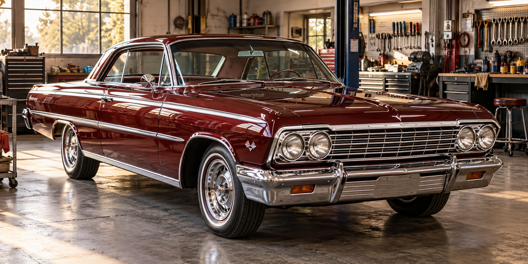 Illustrative burgundy classic American coupe in a restoration workshop